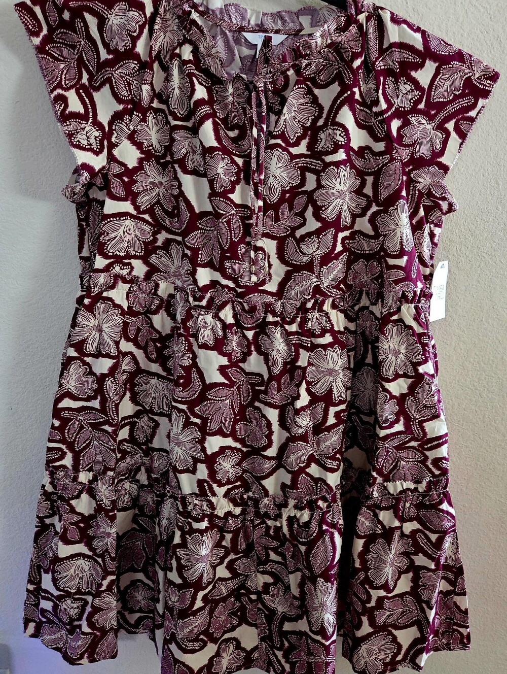 Women's' Cotton Floral Tiered Dress in Burgundy and Cream